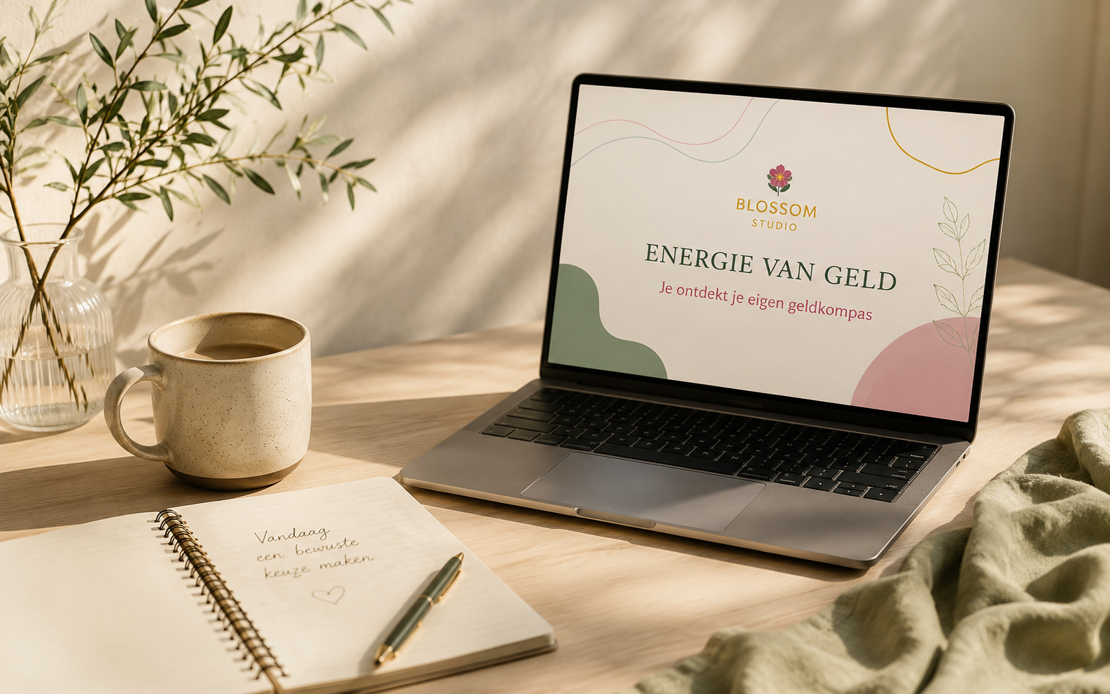 Laptop met het Energie van Geld programma, notitieboek en koffie op een lichte houten tafel